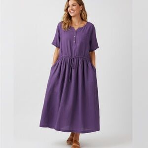 Deep Purple Linen Blend Drawstring Waist Maxi Dress Plus‎ Size Cottagecore Boho